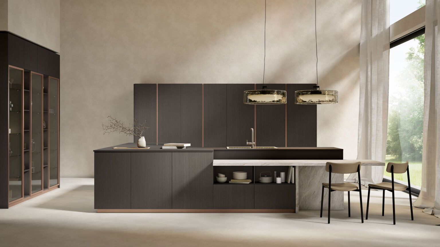 Modern luxury kitchen interior with dark wood cabinetry, marble island, pendant lights, and floor-to-ceiling